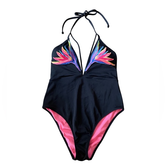 PINK Victoria's Secret Black and Pink Swimwear Embroidered One Piece Medium - Picture 5 of 12